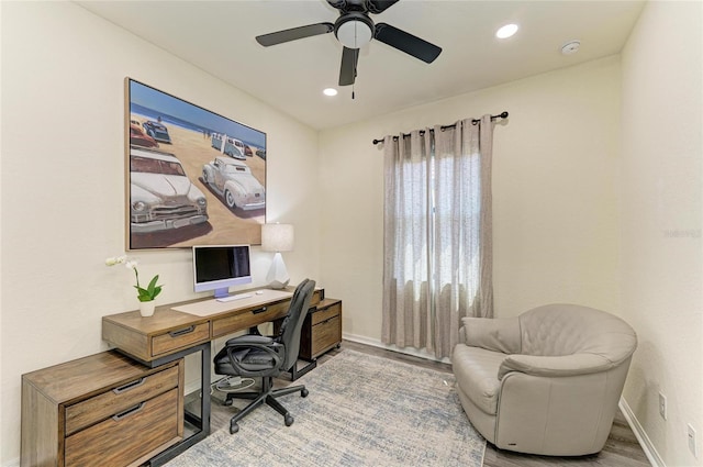 10015 Marbella Dr, Bradenton, FL 34211 - home office featuring wood finished floors, a ceiling fan, and recessed lighting