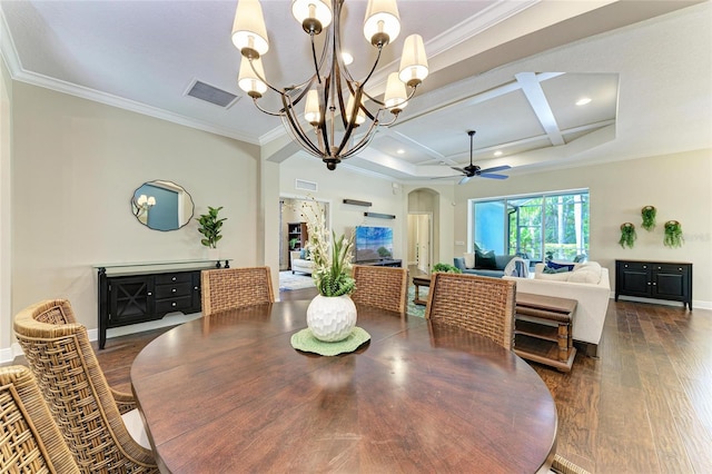 7278 Lismore Ct, Lakewood Ranch, FL 34202 - dining room with coffered ceiling, ornamental molding, dark wood-type flooring, ceiling fan, and arched walkways
