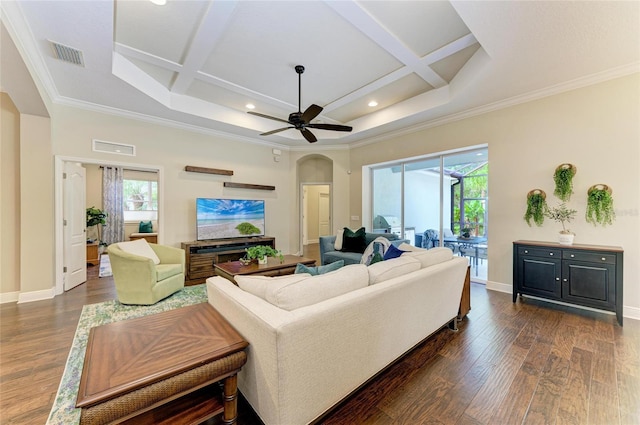 7278 Lismore Ct, Lakewood Ranch, FL 34202 - living room featuring arched walkways, coffered ceiling, ceiling fan, dark wood-type flooring, and baseboards