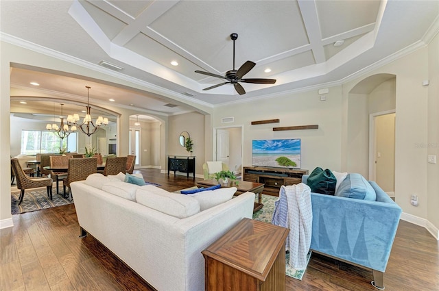 7278 Lismore Ct, Lakewood Ranch, FL 34202 - living area featuring arched walkways, dark wood-type flooring, coffered ceiling, a chandelier, and baseboards