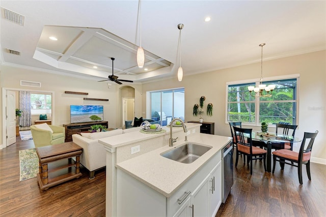 7278 Lismore Ct, Lakewood Ranch, FL 34202 - kitchen with a sink, coffered ceiling, dark wood-type flooring, crown molding, and stainless steel dishwasher