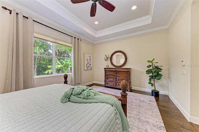 7278 Lismore Ct, Lakewood Ranch, FL 34202 - bedroom featuring dark wood-style flooring, recessed lighting, baseboards, ornamental molding, and a ceiling fan