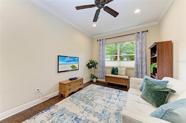 7278 Lismore Ct, Lakewood Ranch, FL 34202 - living room featuring baseboards, a ceiling fan, crown molding, wood finished floors, and recessed lighting