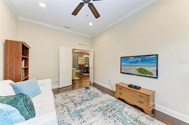 7278 Lismore Ct, Lakewood Ranch, FL 34202 - living room with crown molding, baseboards, wood finished floors, ceiling fan, and recessed lighting