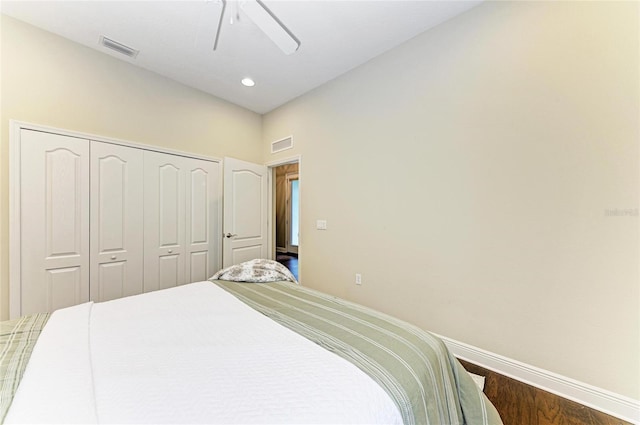 7278 Lismore Ct, Lakewood Ranch, FL 34202 - bedroom with a closet, baseboards, ceiling fan, dark wood-style flooring, and recessed lighting