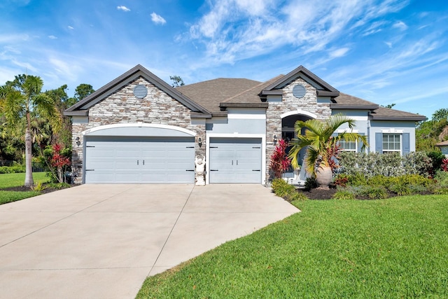 2707 162nd Ave E, Parrish, FL 34219 - french country home featuring concrete driveway, stone siding, an attached garage, a front yard, and stucco siding