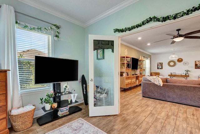 2707 162nd Ave E, Parrish, FL 34219 - living room with ornamental molding, light wood-style floors, a ceiling fan, and recessed lighting