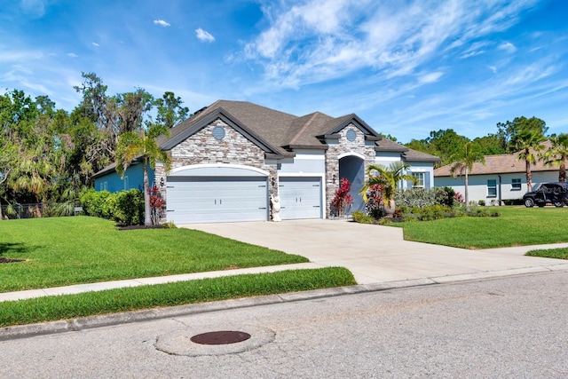 2707 162nd Ave E, Parrish, FL 34219 - french country home with stone siding, an attached garage, a front yard, and driveway