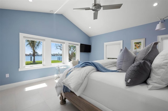 527 Key Royale Dr, Holmes Beach, FL 34217 - bedroom featuring high vaulted ceiling, recessed lighting, ceiling fan, and baseboards