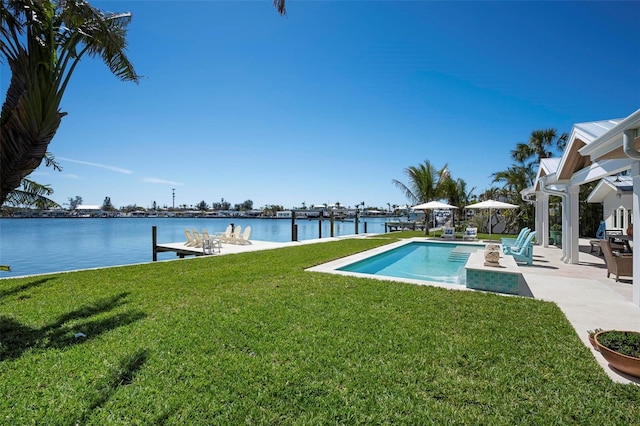 527 Key Royale Dr, Holmes Beach, FL 34217 - outdoor pool with a patio, a boat dock, a water view, and a lawn