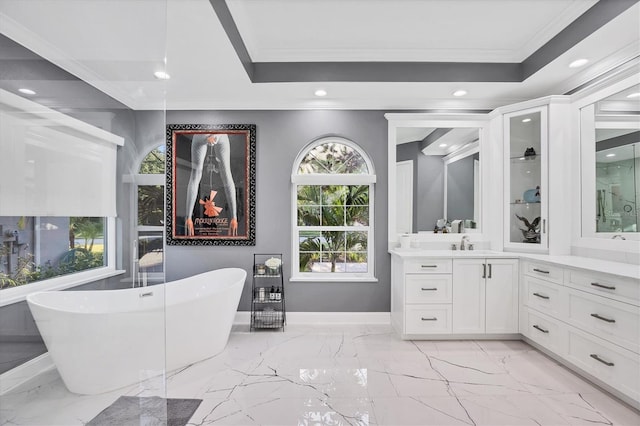 7257 Greystone St, Lakewood Ranch, FL 34202 - full bath featuring marble finish floor, a freestanding bath, crown molding, and vanity