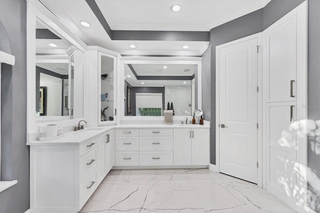 7257 Greystone St, Lakewood Ranch, FL 34202 - full bath featuring marble finish floor, double vanity, crown molding, and a sink