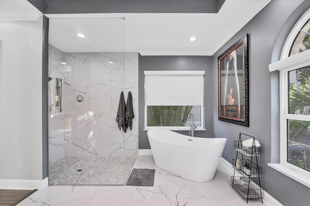 7257 Greystone St, Lakewood Ranch, FL 34202 - bathroom with a freestanding tub, a marble finish shower, recessed lighting, baseboards, and marble finish floor