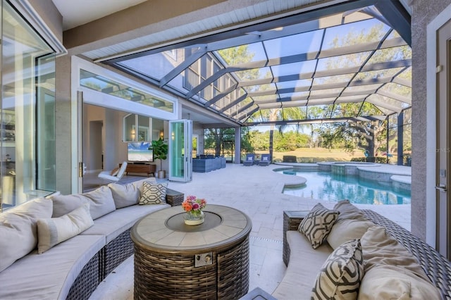 7257 Greystone St, Lakewood Ranch, FL 34202 - view of patio featuring an outdoor living space, a pool with connected hot tub, and a lanai