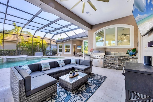 7257 Greystone St, Lakewood Ranch, FL 34202 - view of patio with glass enclosure, a grill, an outdoor living space, and an outdoor kitchen