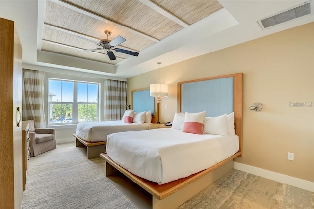bedroom with visible vents, baseboards, ceiling fan, a tray ceiling, and wooden ceiling