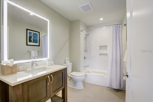 full bath featuring visible vents, toilet, recessed lighting, vanity, and shower / tub combo