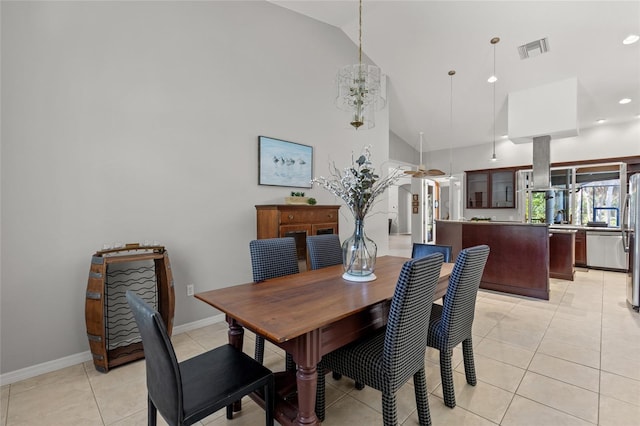 dining room featuring high vaulted ceiling, light tile patterned floors, baseboards, visible vents, and recessed lighting