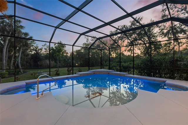 pool at dusk with a lanai, an outdoor pool, and a patio area