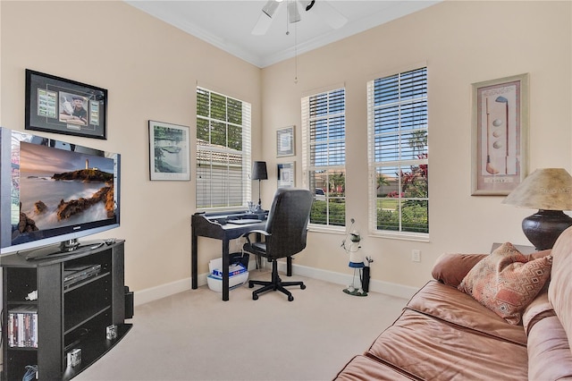 9818 Portside Ter, Bradenton, FL 34212 - office space with carpet floors, ceiling fan, crown molding, and a wealth of natural light