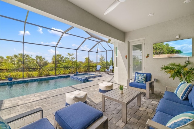 12557 Galapagos Ct, Venice, FL 34293 - view of patio with outdoor lounge area, a pool with connected hot tub, glass enclosure, and ceiling fan