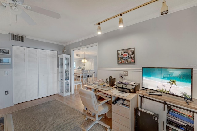 501 Lakeside Dr Unit 501, Bradenton, FL 34210 - office featuring crown molding, ceiling fan, light wood-style flooring, visible vents, and wainscoting