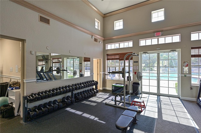 1017 Siberian Gln, Bradenton, FL 34212 - gym featuring baseboards, visible vents, crown molding, and a towering ceiling