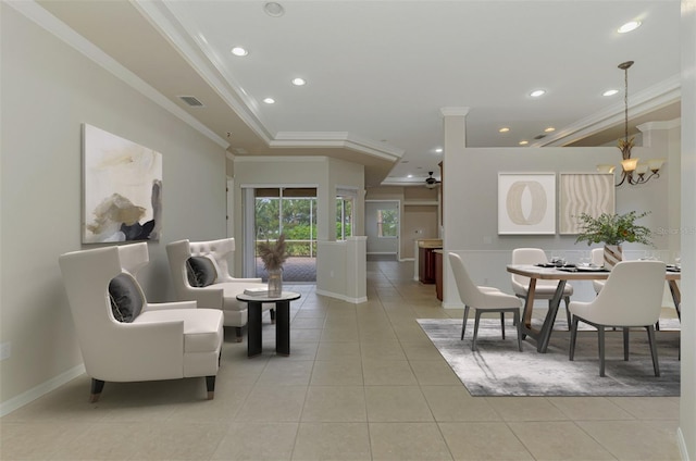6310 Golden Eye Gln, Lakewood Ranch, FL 34202 - living room featuring light tile patterned floors, crown molding, recessed lighting, baseboards, and a chandelier