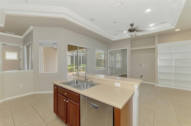 6310 Golden Eye Gln, Lakewood Ranch, FL 34202 - kitchen with dishwasher, a sink, light tile patterned floors, a ceiling fan, and healthy amount of natural light