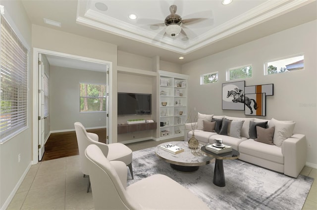 6310 Golden Eye Gln, Lakewood Ranch, FL 34202 - living room featuring crown molding, recessed lighting, healthy amount of natural light, light tile patterned floors, and a ceiling fan