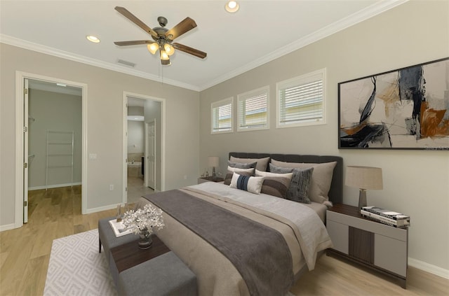 6310 Golden Eye Gln, Lakewood Ranch, FL 34202 - bedroom with light wood-style flooring, ornamental molding, baseboards, recessed lighting, and ceiling fan