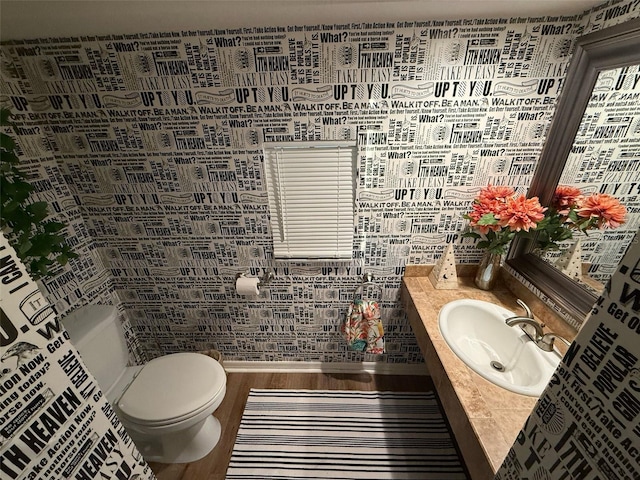 33 Tee View Pl, Rotonda West, FL 33947 - bathroom featuring toilet, vanity, wood finished floors, and tile walls