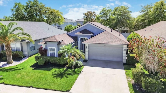 view of front of home with driveway, stucco siding, a front lawn, a shingled roof, and a garage