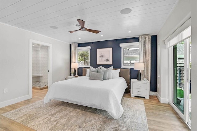 577 Corwood Dr, Sarasota, FL 34234 - bedroom featuring baseboards, crown molding, light wood-style floors, and access to outside