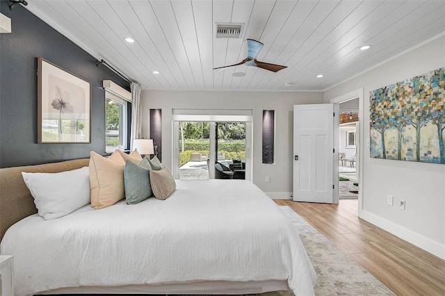 577 Corwood Dr, Sarasota, FL 34234 - bedroom with light wood-style flooring, visible vents, recessed lighting, access to exterior, and wood ceiling