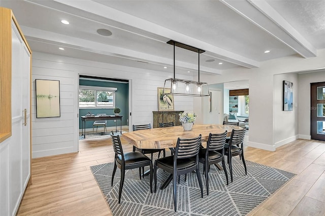 577 Corwood Dr, Sarasota, FL 34234 - dining area featuring baseboards, light wood-style floors, beam ceiling, and recessed lighting