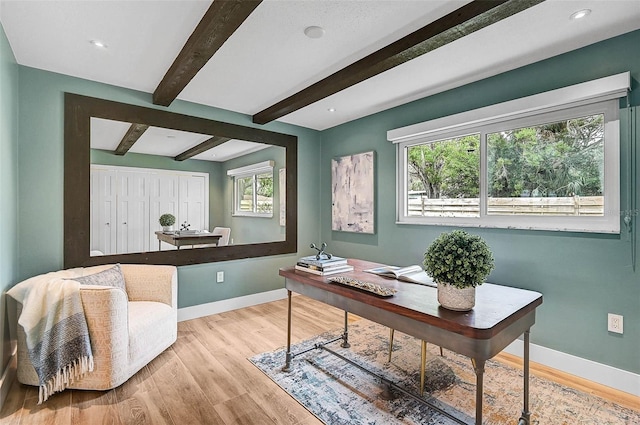 577 Corwood Dr, Sarasota, FL 34234 - home office with recessed lighting, beam ceiling, baseboards, and wood finished floors