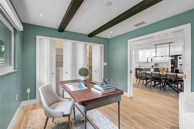 577 Corwood Dr, Sarasota, FL 34234 - home office with baseboards, beamed ceiling, light wood finished floors, and visible vents