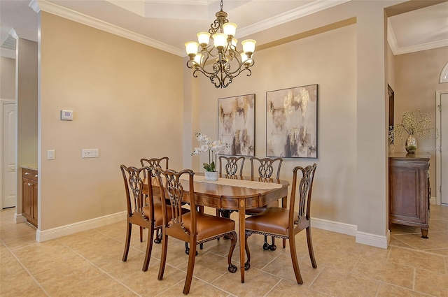 dining area featuring baseboards, ornamental molding, light tile patterned flooring, and a notable chandelier