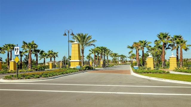 view of road with street lights and curbs