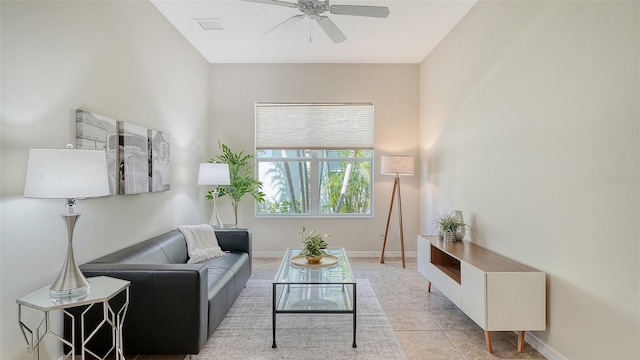 12041 Thornhill Ct, Lakewood Ranch, FL 34202 - living room featuring baseboards, a ceiling fan, and visible vents