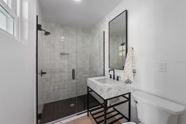 full bath featuring vanity, a shower stall, and toilet