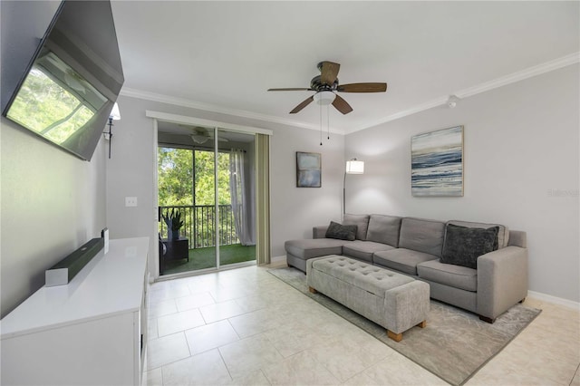 living room with a ceiling fan, baseboards, light tile patterned floors, and crown molding