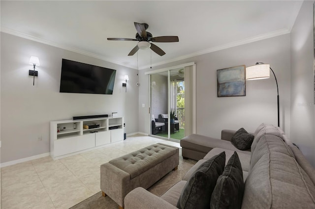 living room with ceiling fan, ornamental molding, light tile patterned flooring, and baseboards