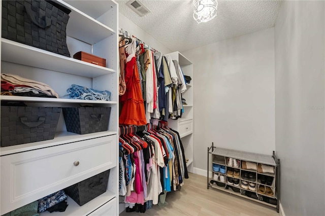 walk in closet with light wood-style floors and visible vents