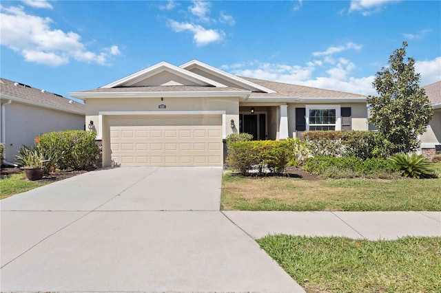 6381 Mighty Eagle Way, Sarasota, FL 34241 - ranch-style home featuring an attached garage, driveway, stucco siding, and a front lawn