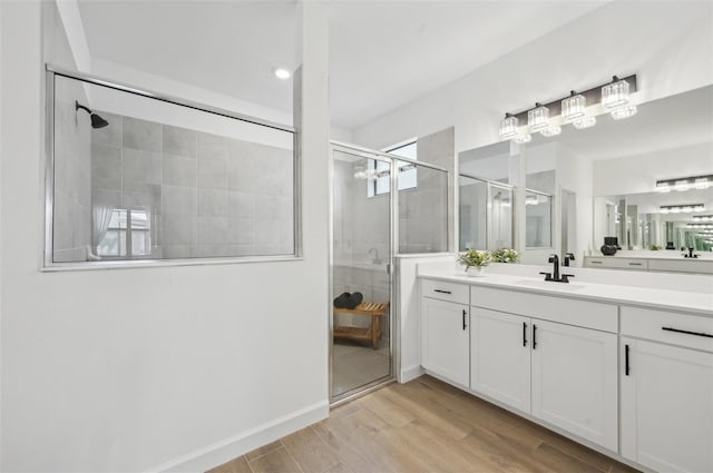 15104 Blue Bay Ter, Lakewood Ranch, FL 34211 - bathroom with vanity, a shower stall, and wood finished floors