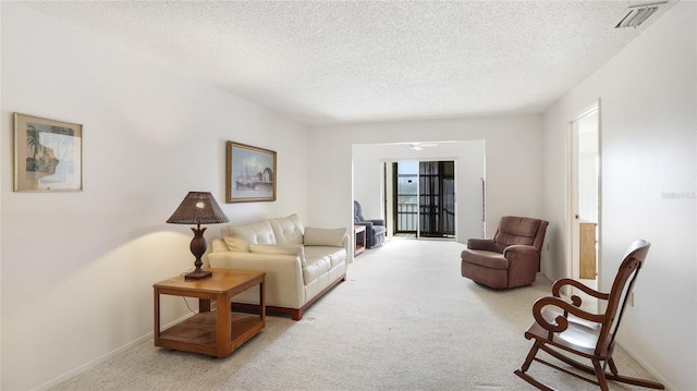 3763 Lake Bayshore Dr Unit 310, Bradenton, FL 34205 - carpeted living area featuring baseboards, visible vents, and a textured ceiling