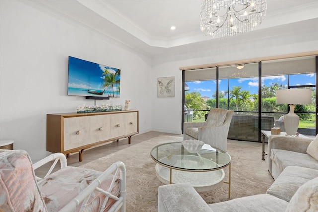living area with crown molding, a chandelier, baseboards, and recessed lighting