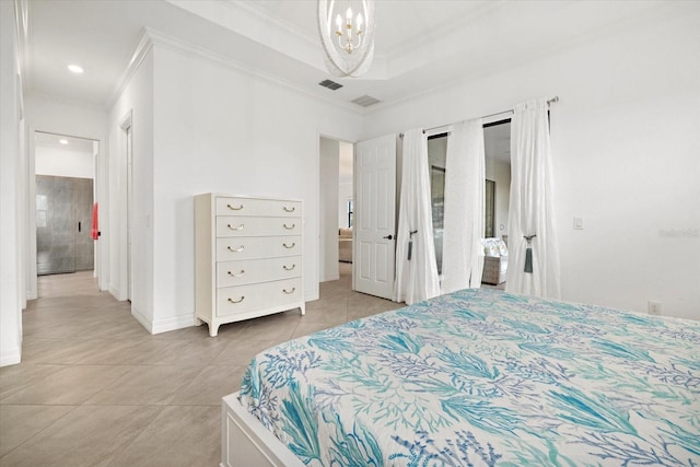 bedroom with ornamental molding, light tile patterned floors, a chandelier, and baseboards